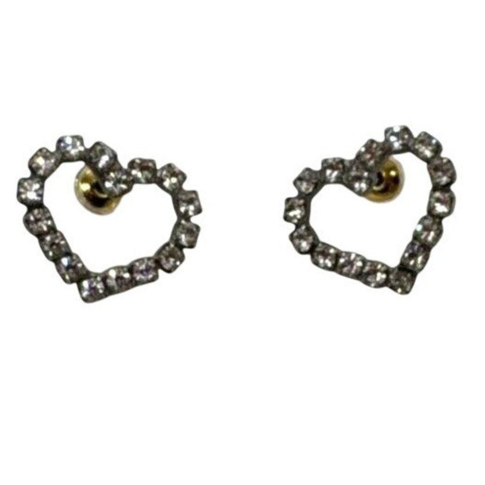 Vintage Clear Rhinestone Silver Tone Heart Shaped Pierced Earrings Retro Glam